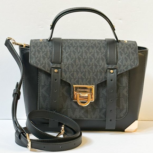 Michael Kors Manhattan Medium Satchel Shoulder Crossbody Bag MK Black - Picture 1 of 14